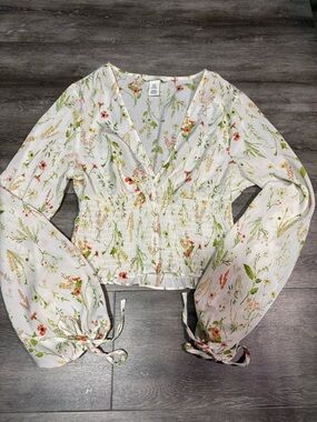 H&M White Floral Smocked Peplum Blouse with Green and Coral Accents